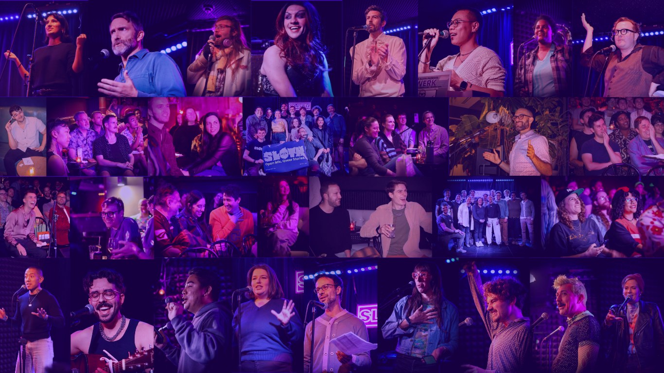 A collage of SLOTH storytellers and audiences at open mic nights